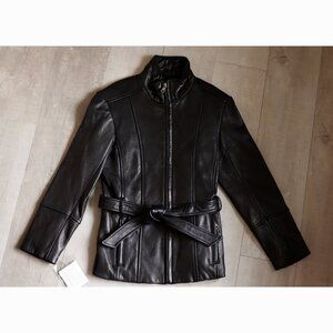 Girls Black Leather Belted Jacket Designer Andrew Marc Size Small NWT